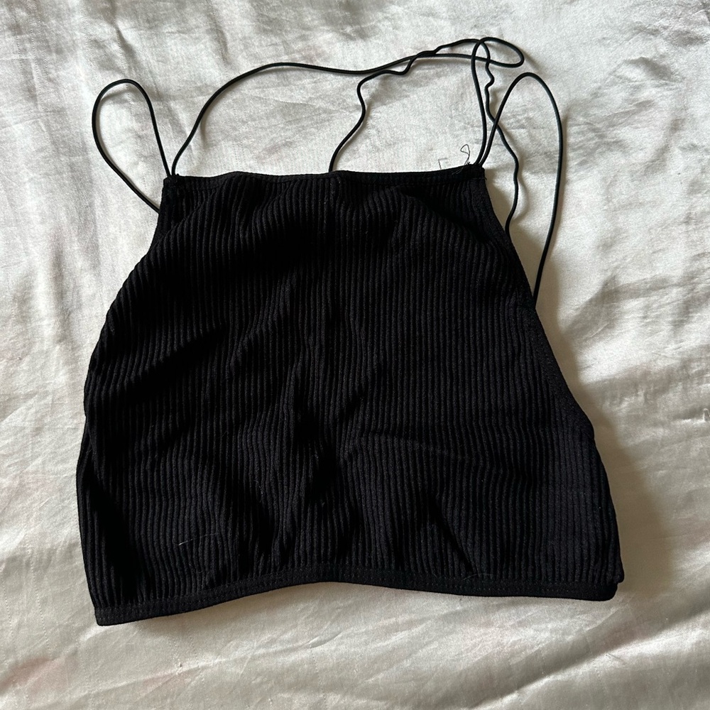 Papaya strappy back black tank top